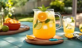 A refreshing pitcher of citrus drink garnished with mint and ice. photo