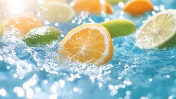 Fresh citrus fruits floating in a pool of water, creating a refreshing scene. photo