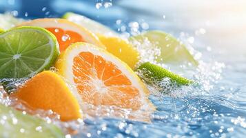 Fresh citrus fruits splashing in water, evoking a refreshing vibe. photo