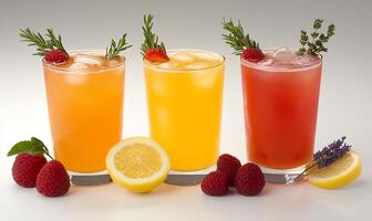 Three colorful drinks with fruits and herbs, perfect for refreshing enjoyment. photo