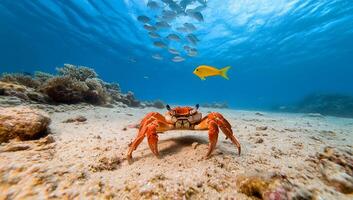 Underwater scene featuring a crab with fish swimming above. photo