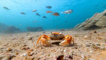 An underwater scene featuring a crab with fish swimming in the background. photo
