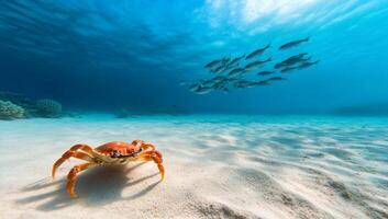 Underwater scene featuring a crab and a school of fish. photo