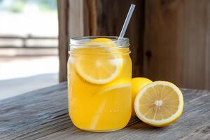 A refreshing glass of lemonade with lemon slices on a wooden table. photo