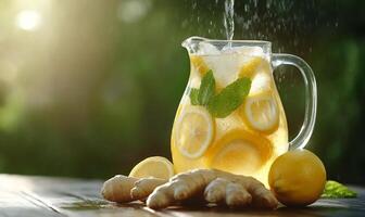 Refreshing ginger lemonade in a pitcher with mint and lemon slices. photo