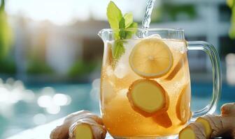 Refreshing ginger lemonade in a pitcher with mint and ice. photo