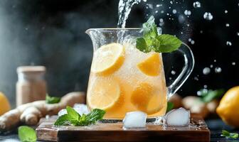 Refreshing beverage with lemon slices and mint in a glass pitcher. photo