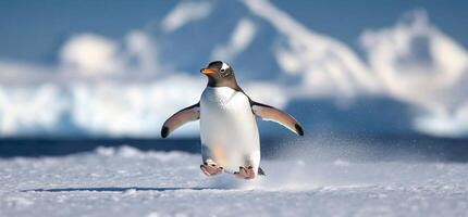 A playful penguin leaps across the snowy landscape in a vibrant scene. photo