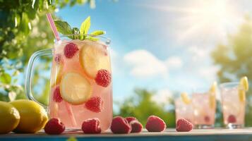 Refreshing lemonade with raspberries and lemon in a sunny outdoor setting. photo