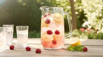 A pitcher of refreshing raspberry lemonade with lemon slices outdoors. photo