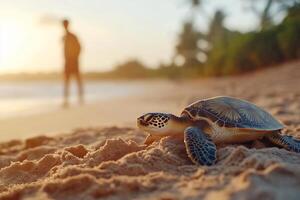 A turtle on the beach with a person in the background at sunset. photo