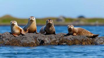 Four seals resting on a rock by the water's edge. photo