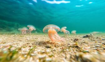 Underwater scene featuring jellyfish swimming gracefully. photo