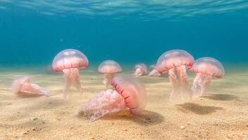 Underwater scene featuring several jellyfish gracefully swimming. photo