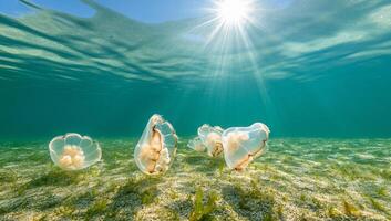 Underwater scene featuring jellyfish illuminated by sunlight. photo