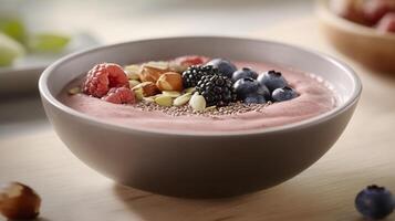 A bowl of smoothie topped with berries, nuts, and seeds. photo