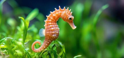 A close-up of a seahorse swimming among aquatic plants. photo