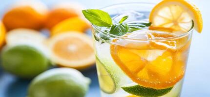 Refreshing citrus drink with lemon and mint, ideal for summer. photo