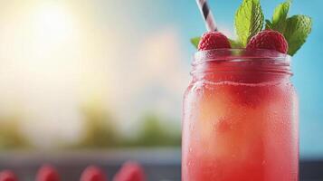 Refreshing raspberry drink in a jar with mint and a straw. photo