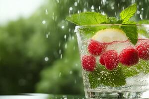 Refreshing drink with raspberries, mint, and lemon in sparkling water. photo