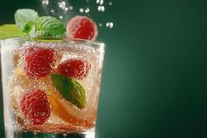 A refreshing drink with raspberries and mint, bubbles rising. photo