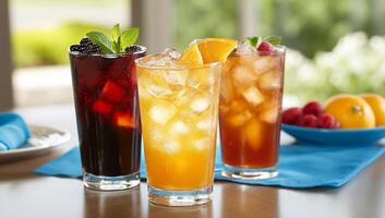 Three refreshing drinks with ice, garnished with fruit and mint. photo