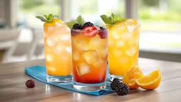 Three colorful cocktails with ice, garnished with fruit and mint. photo