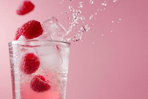 A refreshing drink with raspberries and ice in sparkling water. photo