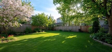 A serene backyard with lush grass and blooming trees under a clear sky. photo