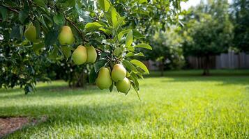 A pear tree branch laden with unripe pears in a lush backyard. photo