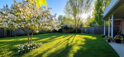 A serene backyard scene with a blooming tree and lush green grass. photo