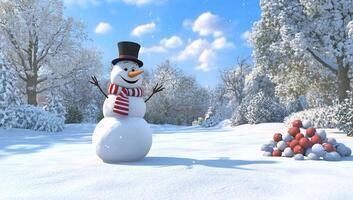 A cheerful snowman stands in a snowy landscape with a pile of snowballs. photo