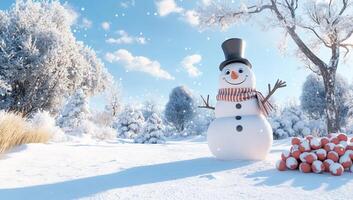 A cheerful snowman stands in a snowy landscape, surrounded by snowflakes. photo