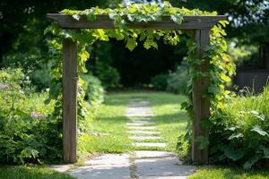 A wooden archway adorned with vines leads to a serene garden path. photo