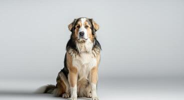 Majestic tri-color australian shepherd in studio setting for pet portrait photo