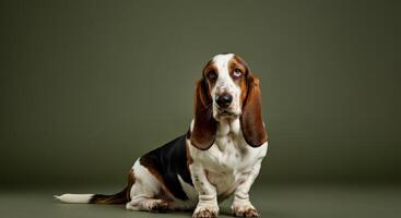Adorable basset hound in studio setting with calm expression for pet enthusiasts photo