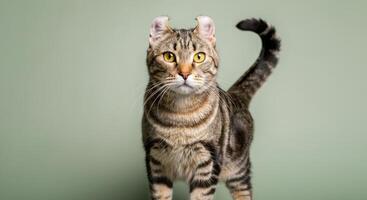 Portrait of an alert tabby cat with unique curled ears on solid green background photo