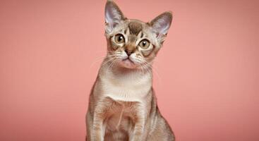 Adorable abyssinian cat with curious expression on soft pink background photo