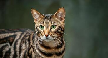 Majestic bengal cat with striking green eyes in close-up photo