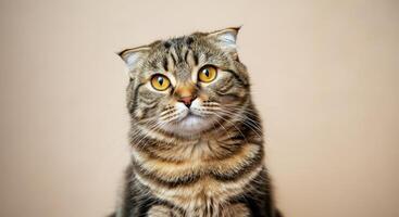 Captivating scottish fold cat with striking amber eyes against a soft background photo