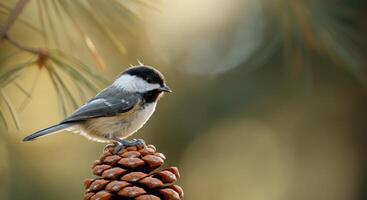Black capped chickadee perched on pinecone in serene forest setting photo