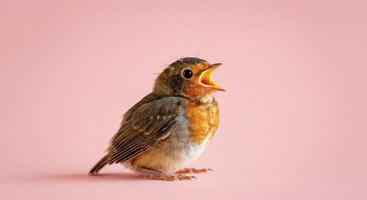 Young robin on pink background chirping, suitable for nature and wildlife themes photo