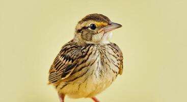 Close-up portrait of a curious sparrows lark on a soft yellow background photo