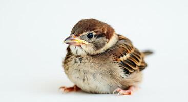 Young sparrow on white background highlighting delicate feathers and curious expression photo
