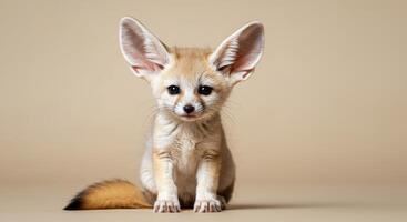 Adorable fennec fox cub staring curiously in minimalist studio setting photo