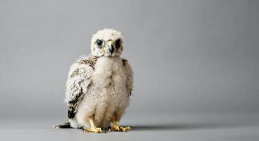 Adorable fluffy falcon chick on soft gray background for animal enthusiasts photo
