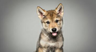 Adorable wolf pup with tongue out showing playful charm and innocence photo