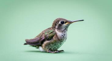 Hummingbird resting on green background showcasing intricate feather patterns photo