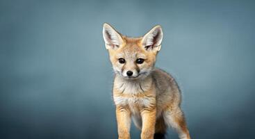 Adorable young fox staring into the camera against a soft blue background photo