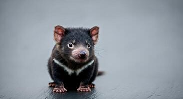 Close-up of young tasmanian devil on gray background for nature and wildlife enthusiasts photo
